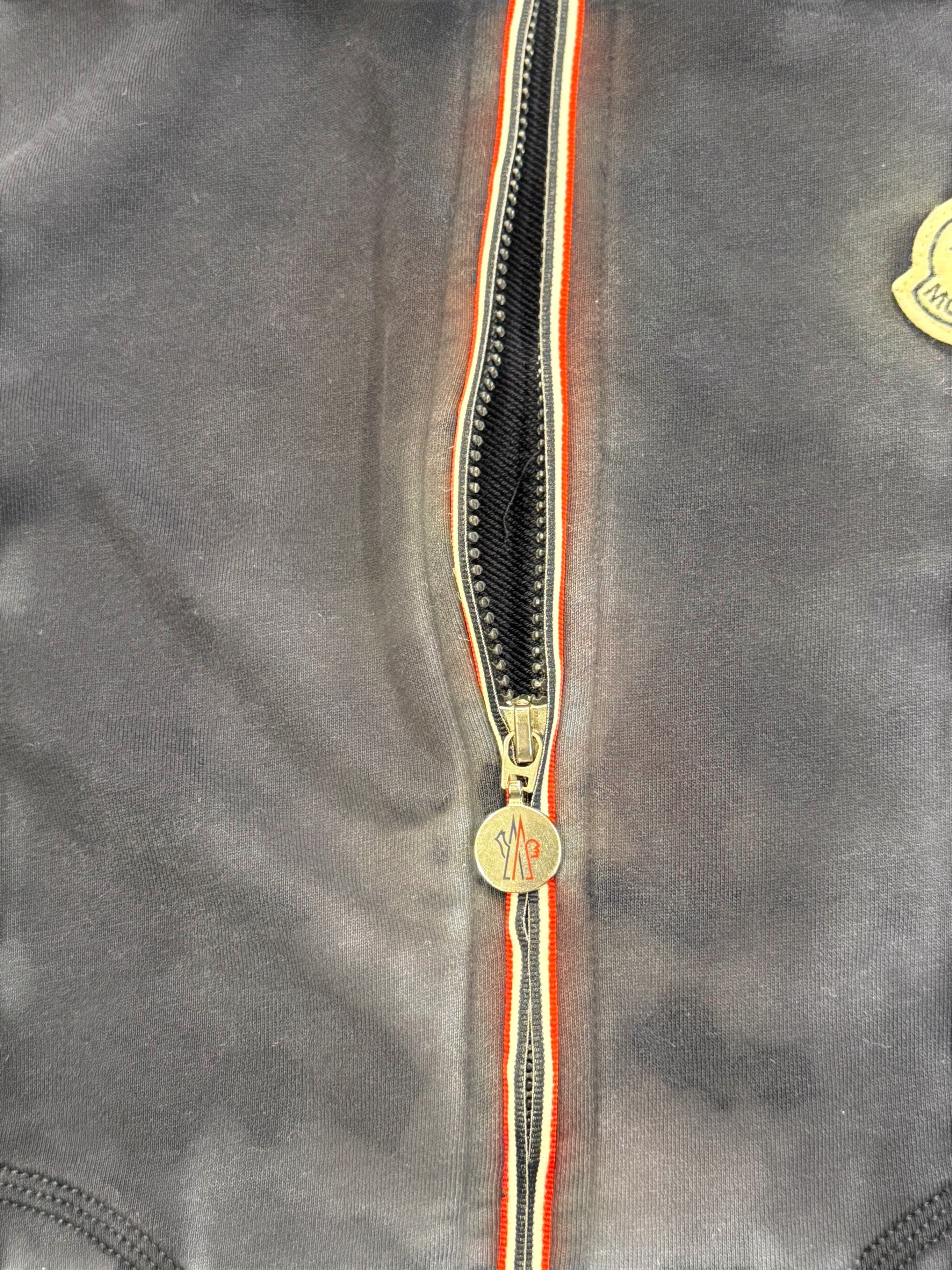 Archive No. 9 navy Moncler zip-up jumper with iconic chest badge and branded zip pulls. Durable material, size L.