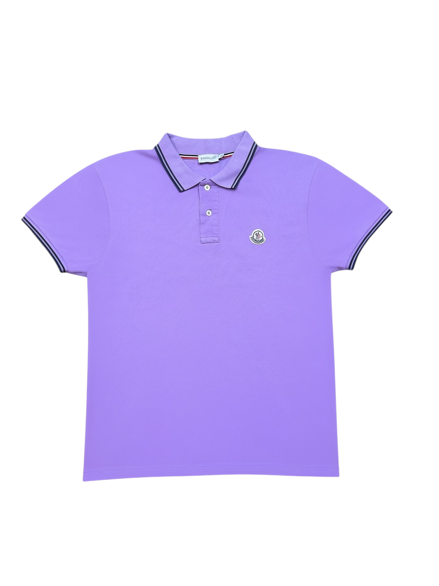 Archive No.9 Moncler purple cotton polo shirt with short sleeves, striped collar trim, and chest logo badge.