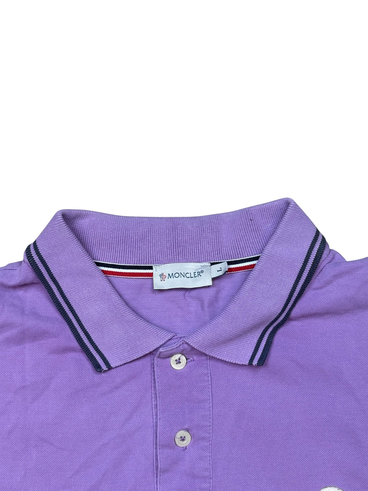 Archive No.9 Moncler purple cotton polo shirt with striped collar detail and brand label at the neckline