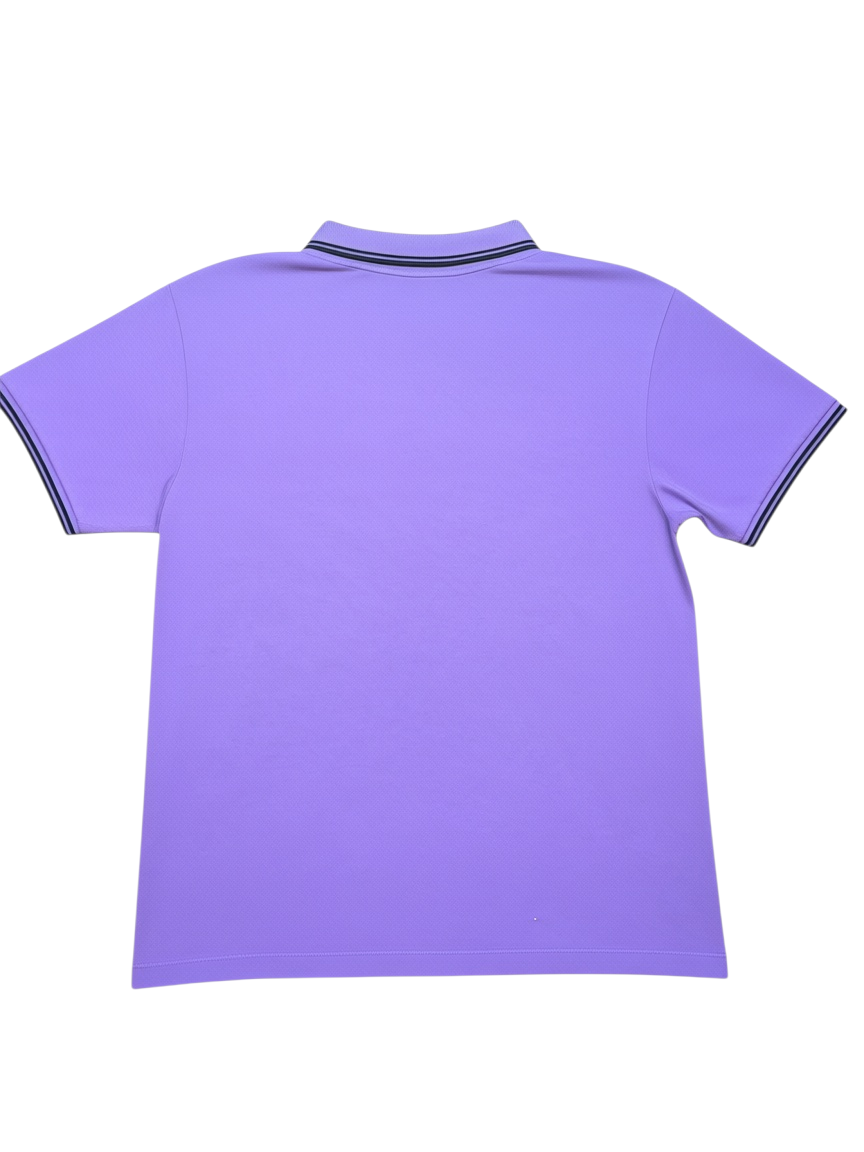 Archive No.9 Moncler purple cotton polo shirt with striped collar and sleeve trim, back view