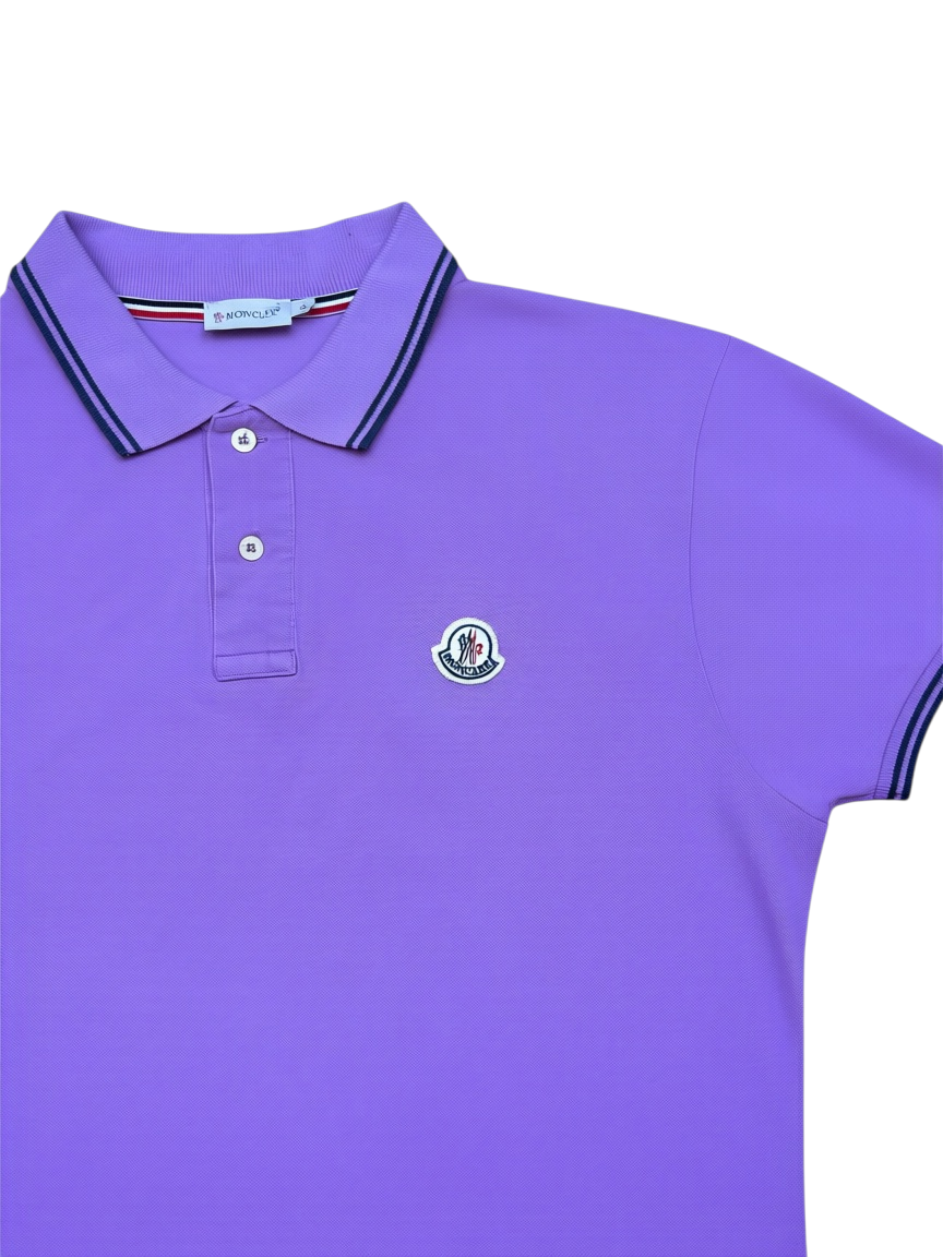 Archive No.9 Moncler purple cotton polo shirt with iconic chest badge and striped collar detail