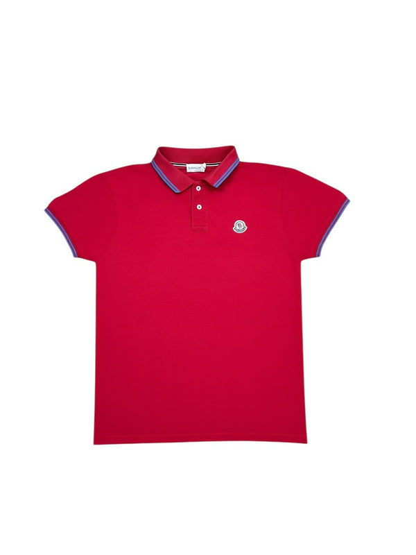 Archive No.9 Moncler red cotton polo shirt with blue trim and iconic badge on chest, size M.