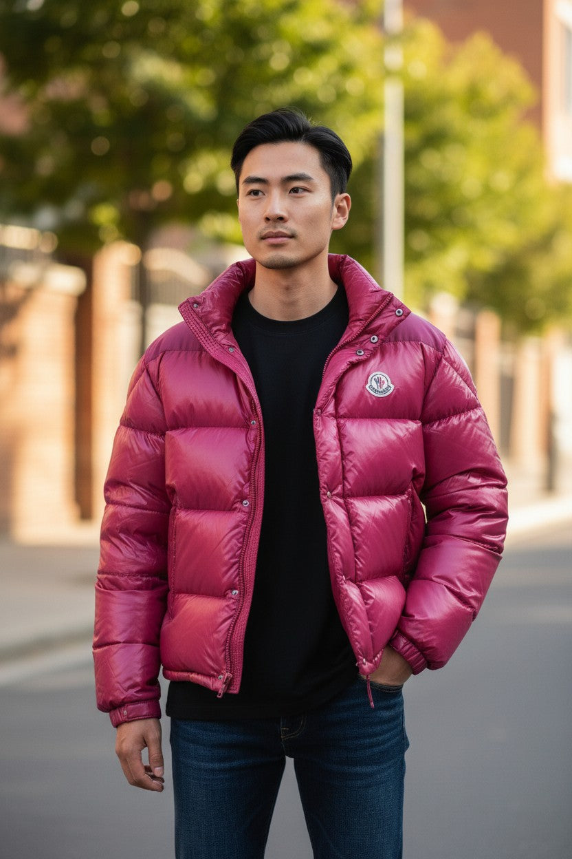 Archive No.9 Moncler 1990s vintage burgundy and pink puffer jacket, size M, convertible to vest.