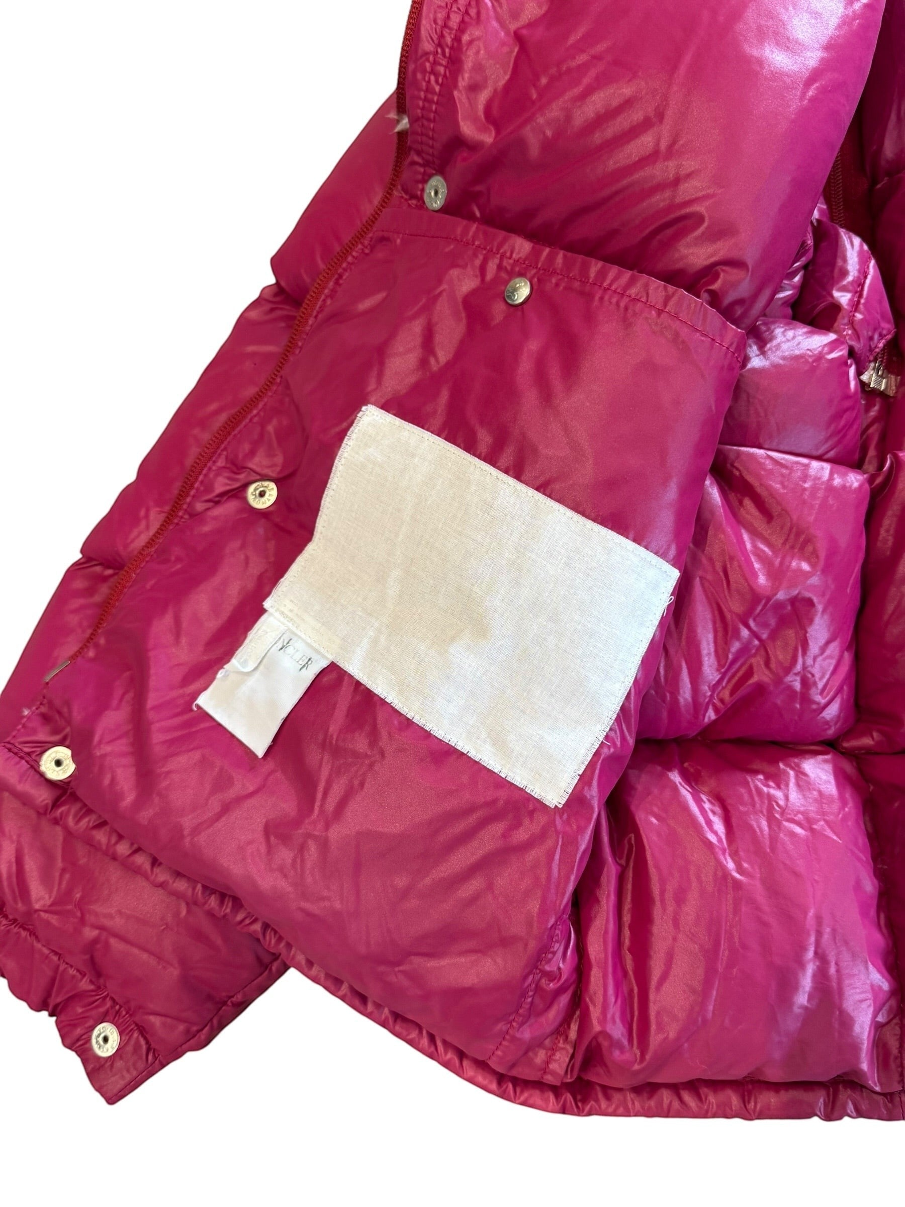 Archive No. 9 vintage 1990s Moncler burgundy and pink puffer jacket vest, size M, down-filled, convertible design.