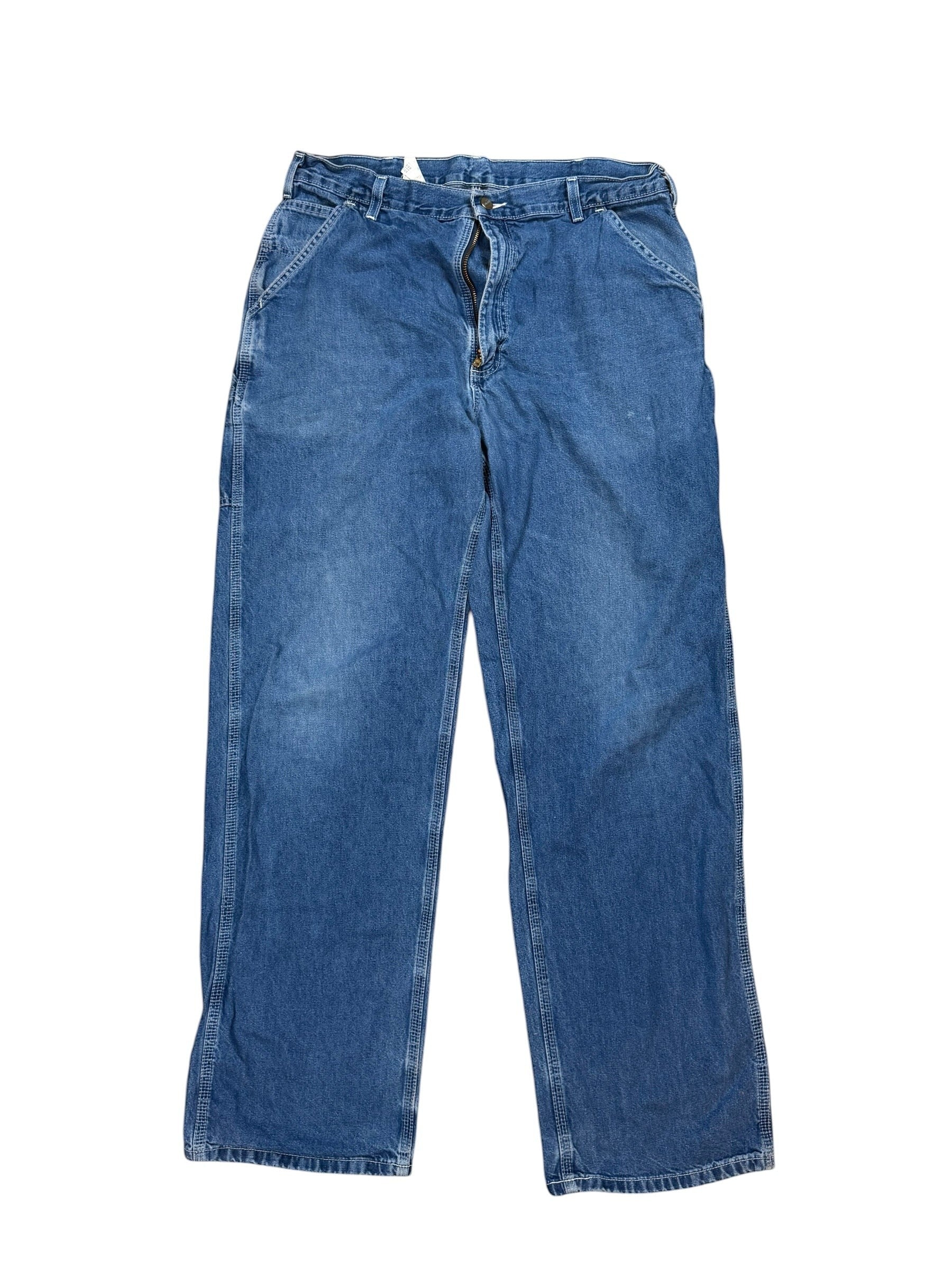 Archive No. 9 vintage navy denim jeans, size W36, with a straight leg fit and iconic leather patch detail.