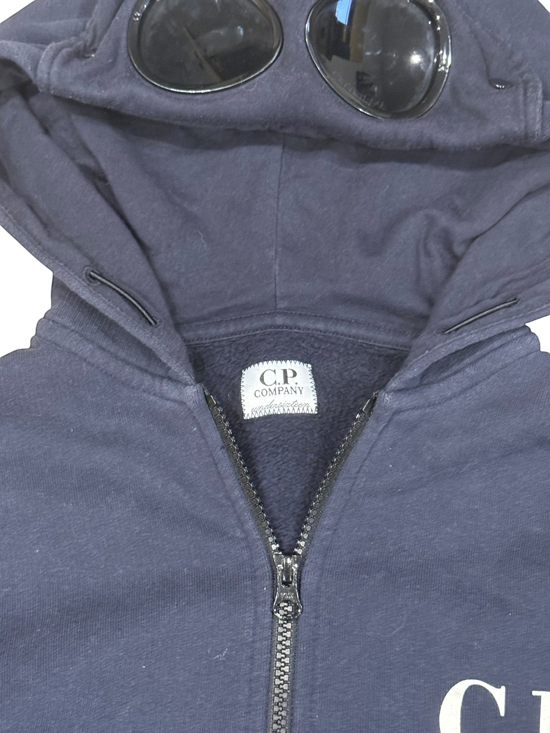 Archive No. 9 navy blue C.P. Company cotton zip-up hoodie with iconic goggles on the hood and fleeced interior.