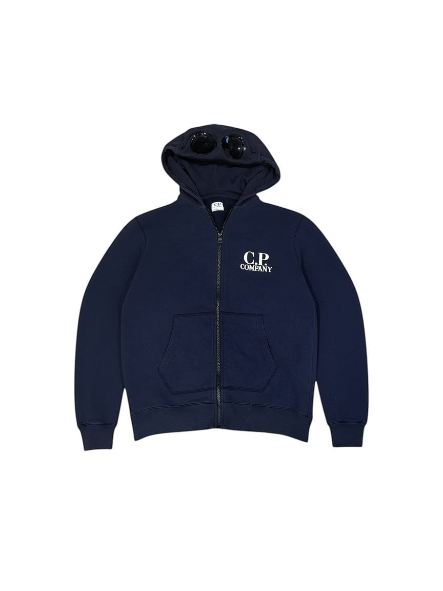 Archive No. 9 navy blue C.P. Company cotton zip-up hoodie with iconic goggles on the hood and fleeced interior. Size Medium.