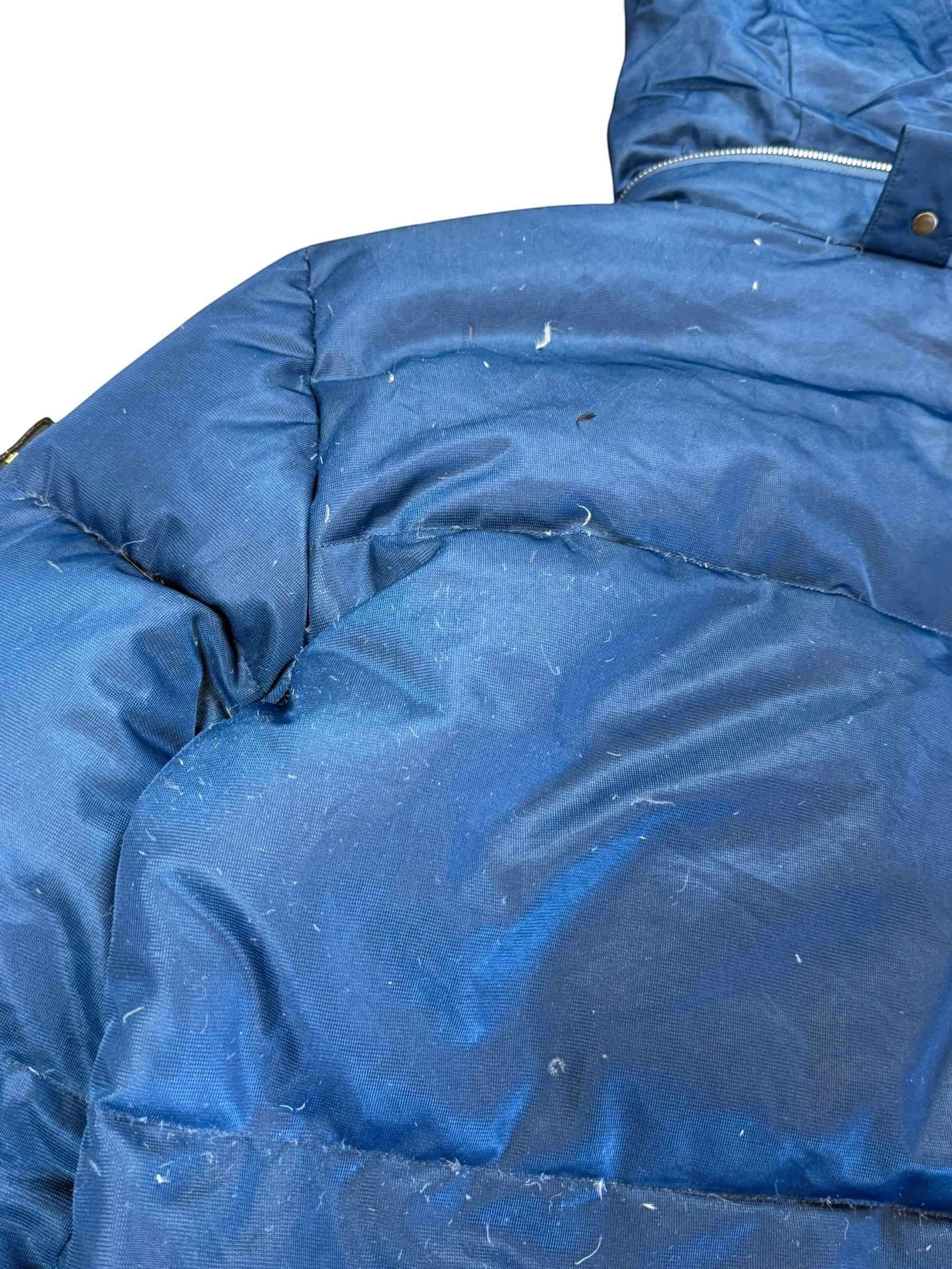 Archive No. 9 navy blue down-filled puffer jacket, size XL, with weatherproof exterior and hood.