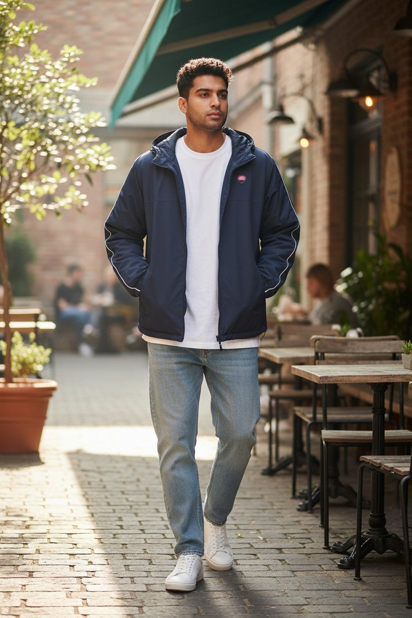 Archive No. 9 navy blue down puffer jacket with white piping on sleeves and hood, size Large.