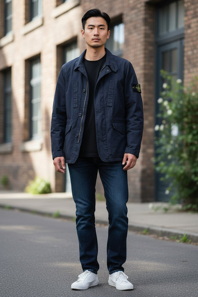Archive No. 9 navy blue Stone Island Harrington jacket with velvet lining and patch detail. Men's size XL.