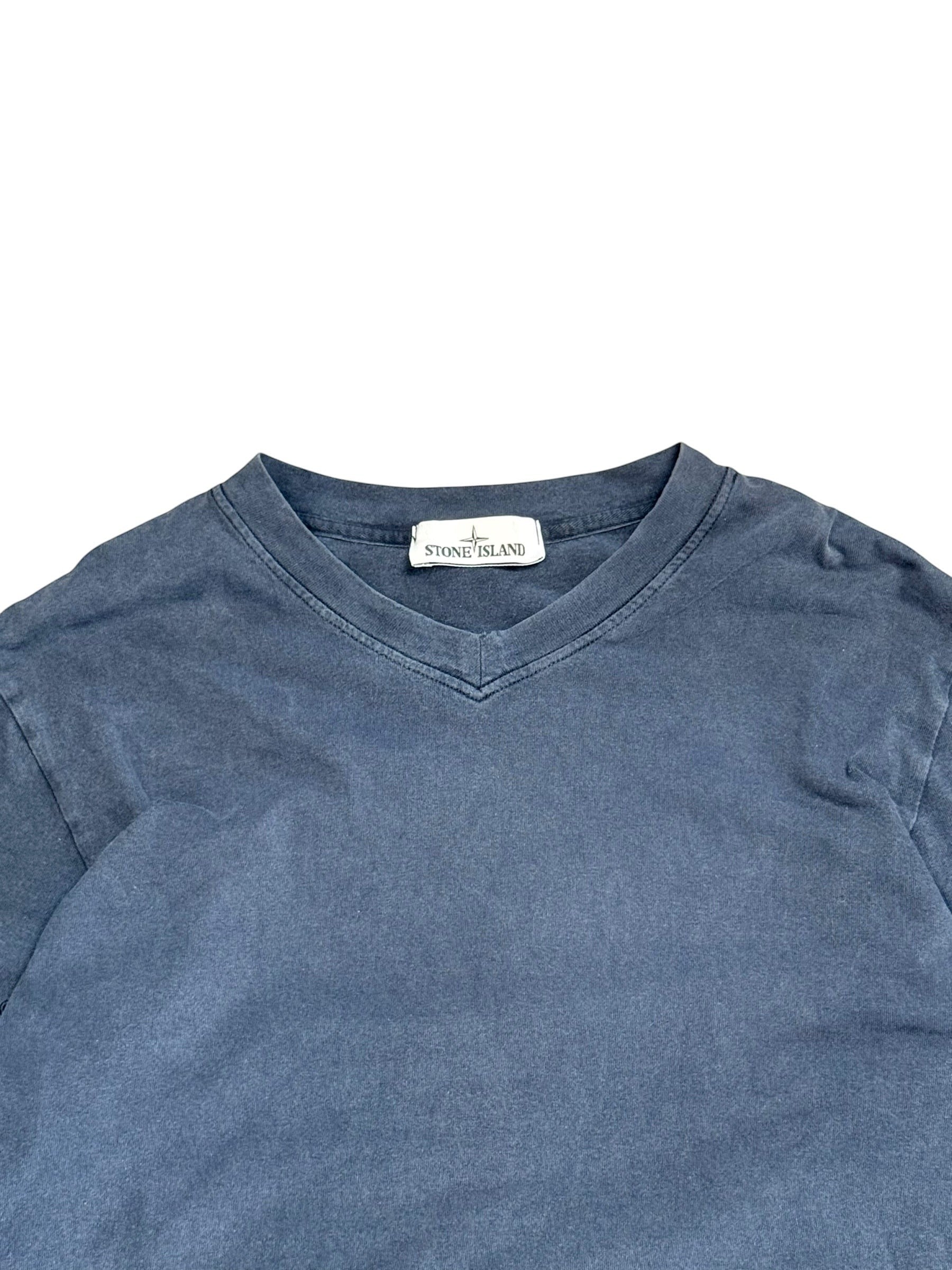 Archive No.9 navy blue long sleeve cotton t-shirt with v-neck and Stone Island compass badge on the arm.