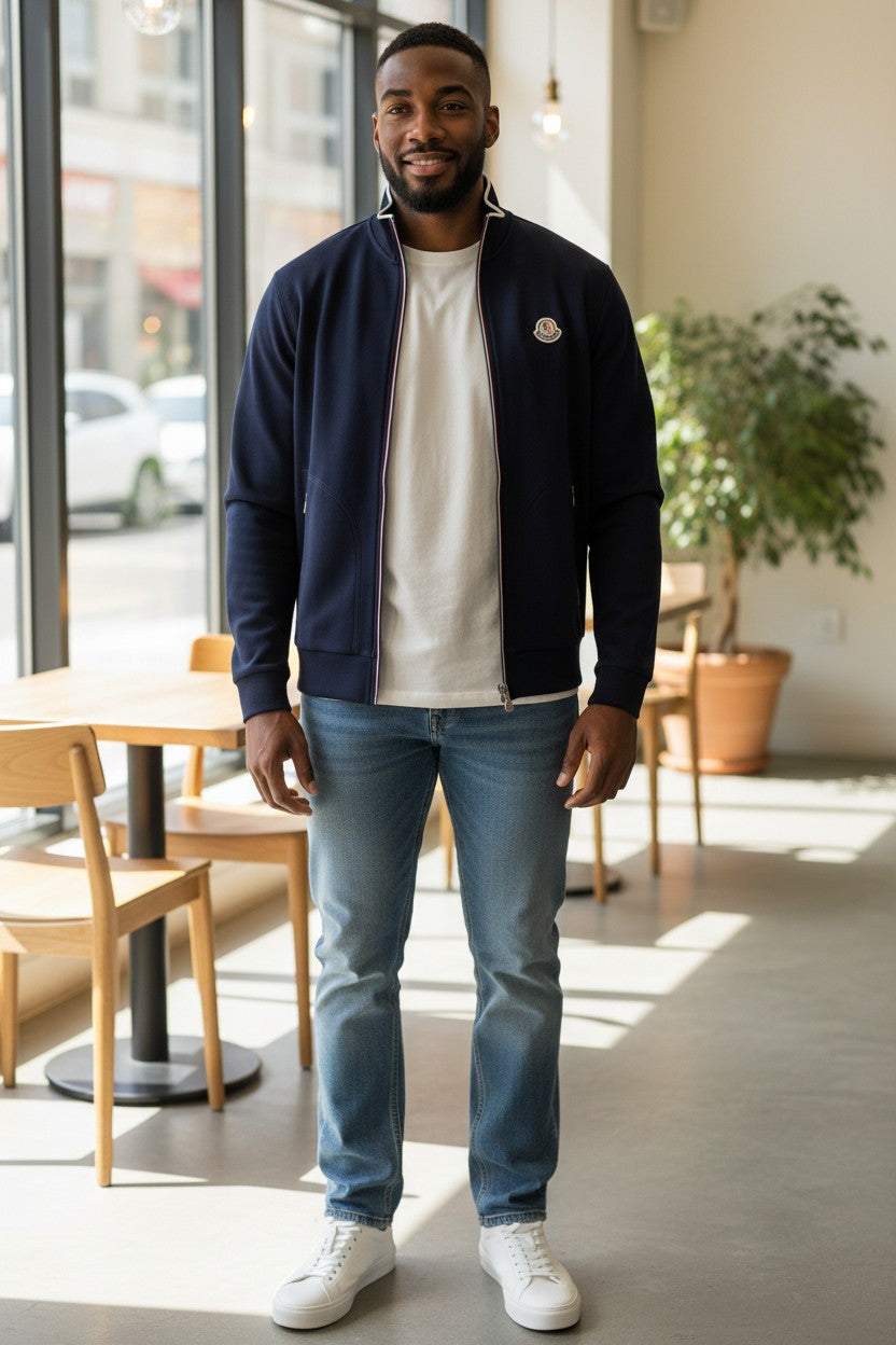 Archive No. 9 navy zip-up jumper with iconic Moncler badge on chest and branded zip pulls. Durable material, size L.