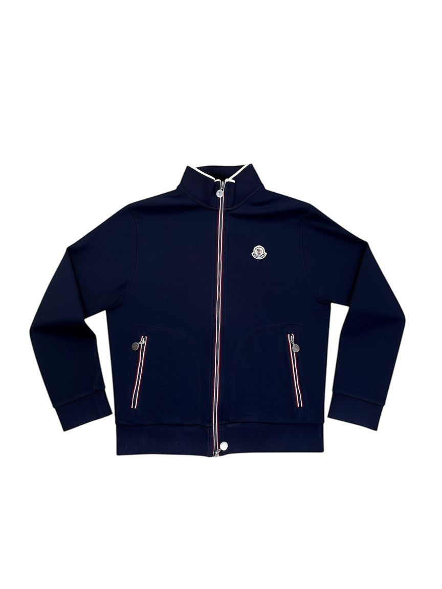Archive No. 9 navy zip-up jumper with iconic Moncler badge on chest and branded zip pulls. Durable material, size L.