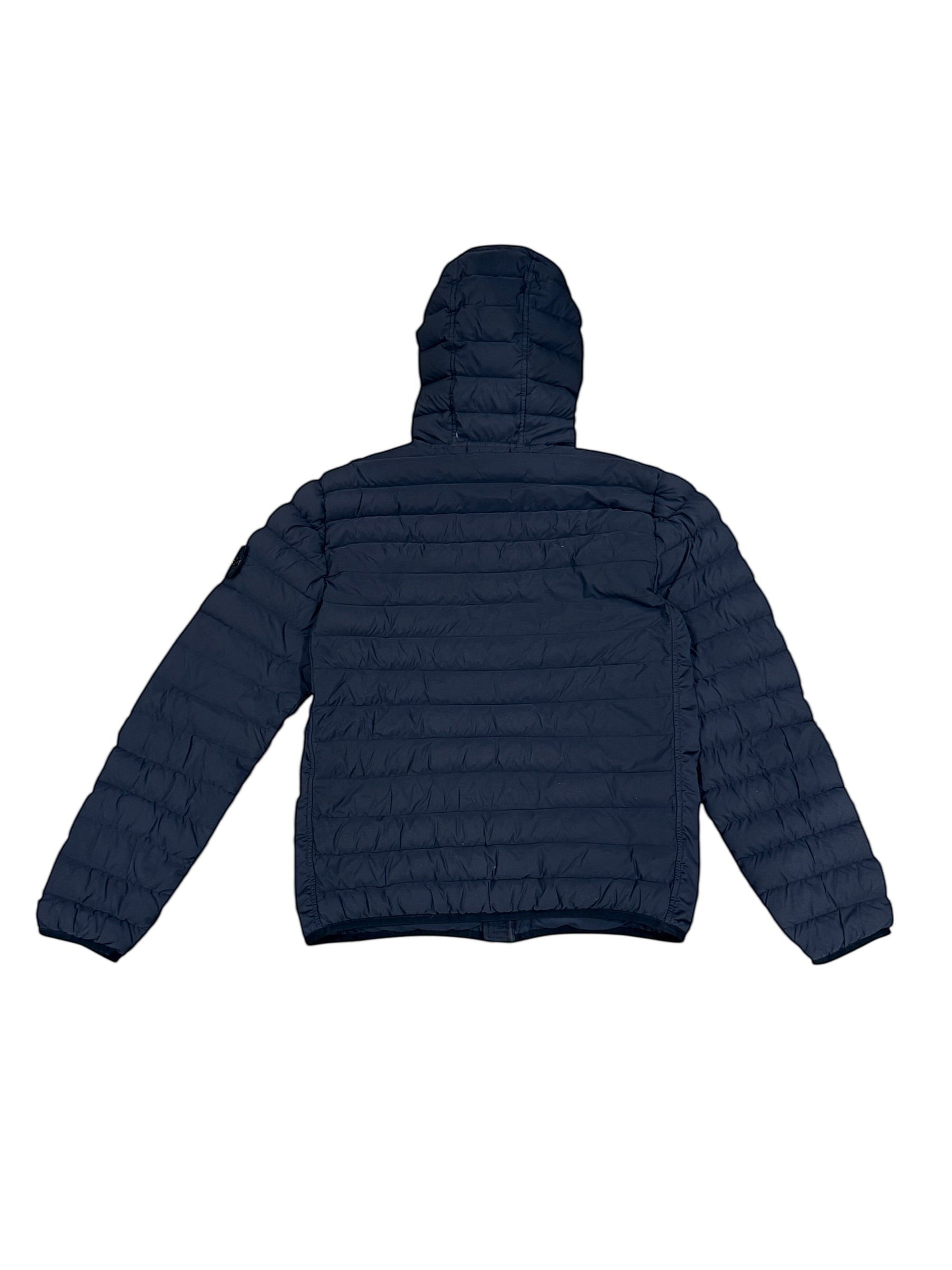 Archive No. 9 navy blue down-filled puffer jacket with hood, size Small. Lightweight and insulated for everyday wear.