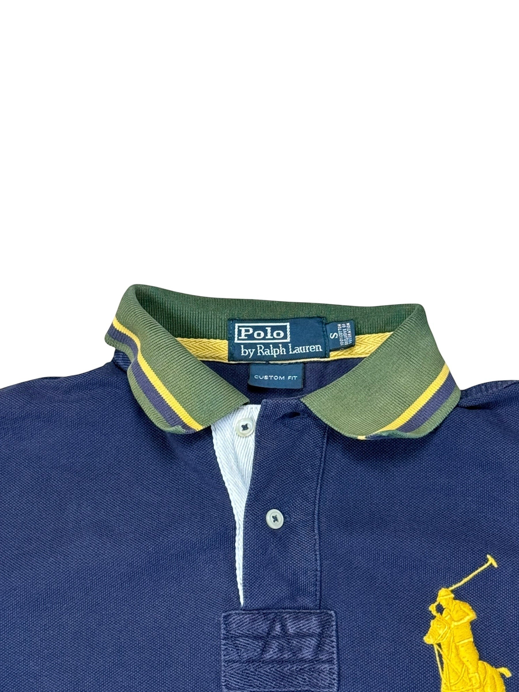 Archive No. 9 navy 100% cotton Ralph Lauren polo shirt with yellow embroidered logo and striped collar, size S.