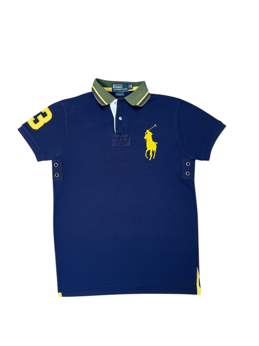 Archive No. 9 vintage navy 100% cotton Ralph Lauren polo shirt with yellow logo badge and number 3 on sleeve, size S.