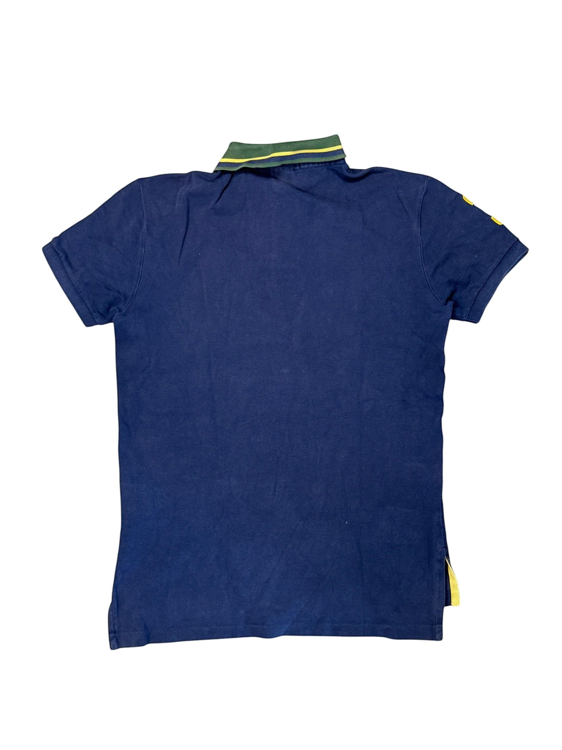 Archive No. 9 vintage navy blue 100% cotton Ralph Lauren polo shirt, size S, with green and yellow striped collar and yellow accents.