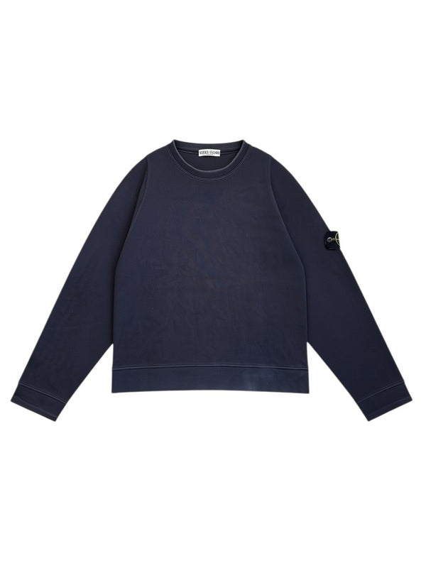 Archive No.9 navy blue 100% cotton ribbed knit crewneck jumper with Stone Island logo patch on sleeve, size M.