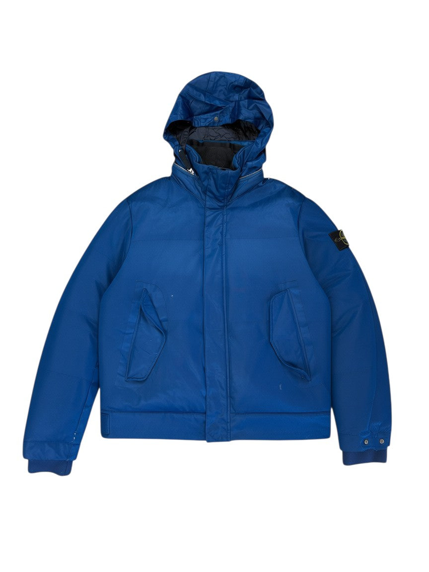 Archive No. 9 navy blue Stone Island down puffer jacket with hood, size XL, weatherproof exterior.