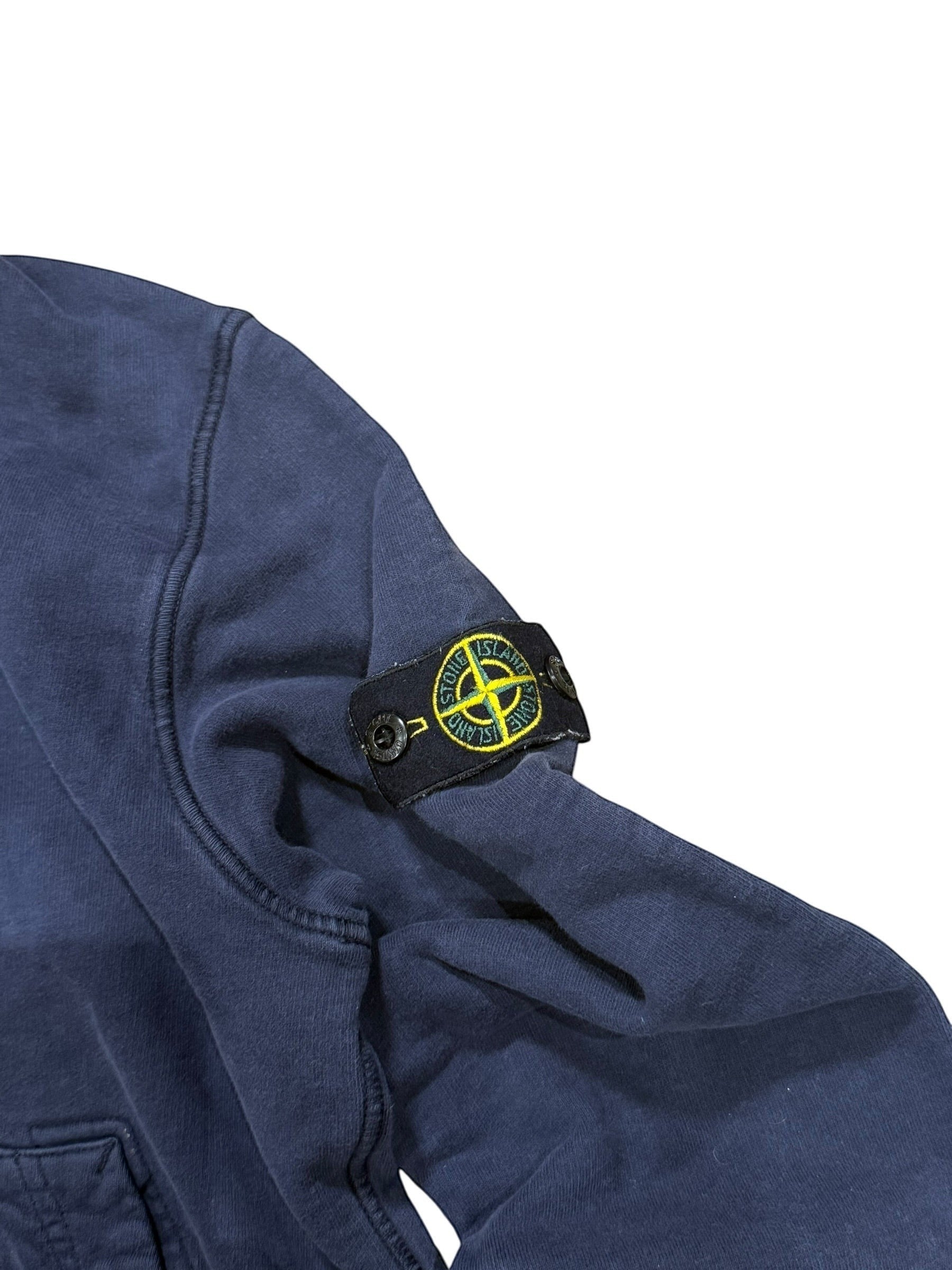 Archive No. 9 navy blue Stone Island Junior hoodie with iconic compass badge on the arm and fleeced interior. Size 12 / XS.