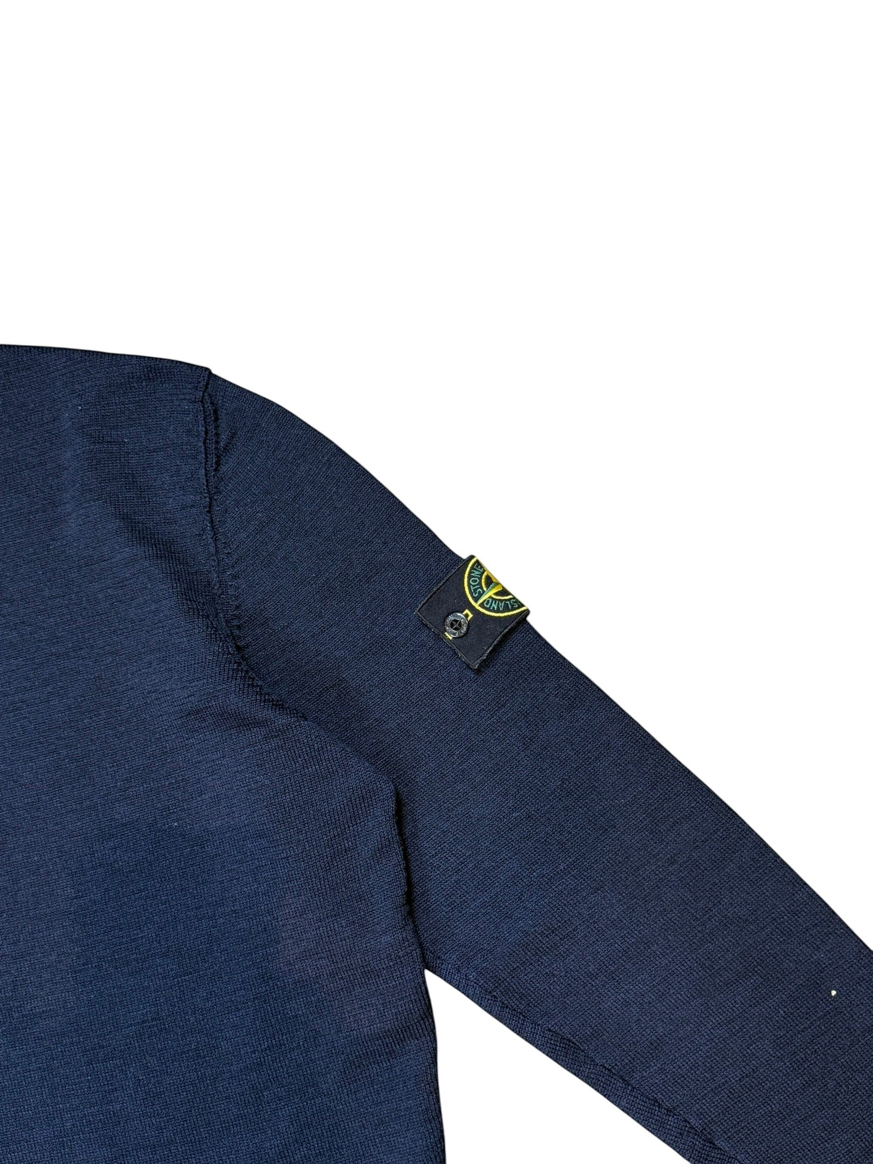 Archive No. 9 navy 100% cotton Stone Island knit jumper, size XL, with signature compass badge on sleeve.