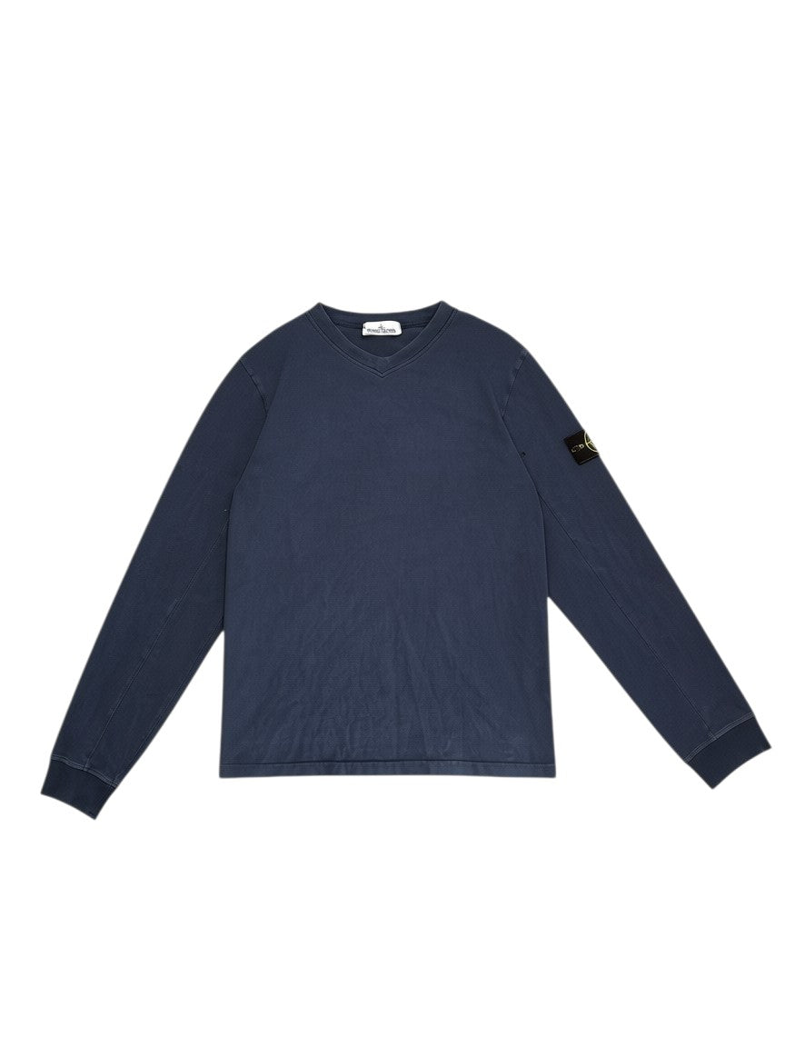 Archive No.9 navy long sleeve cotton t-shirt with v-neck and iconic Stone Island compass badge on the left arm. Size L.