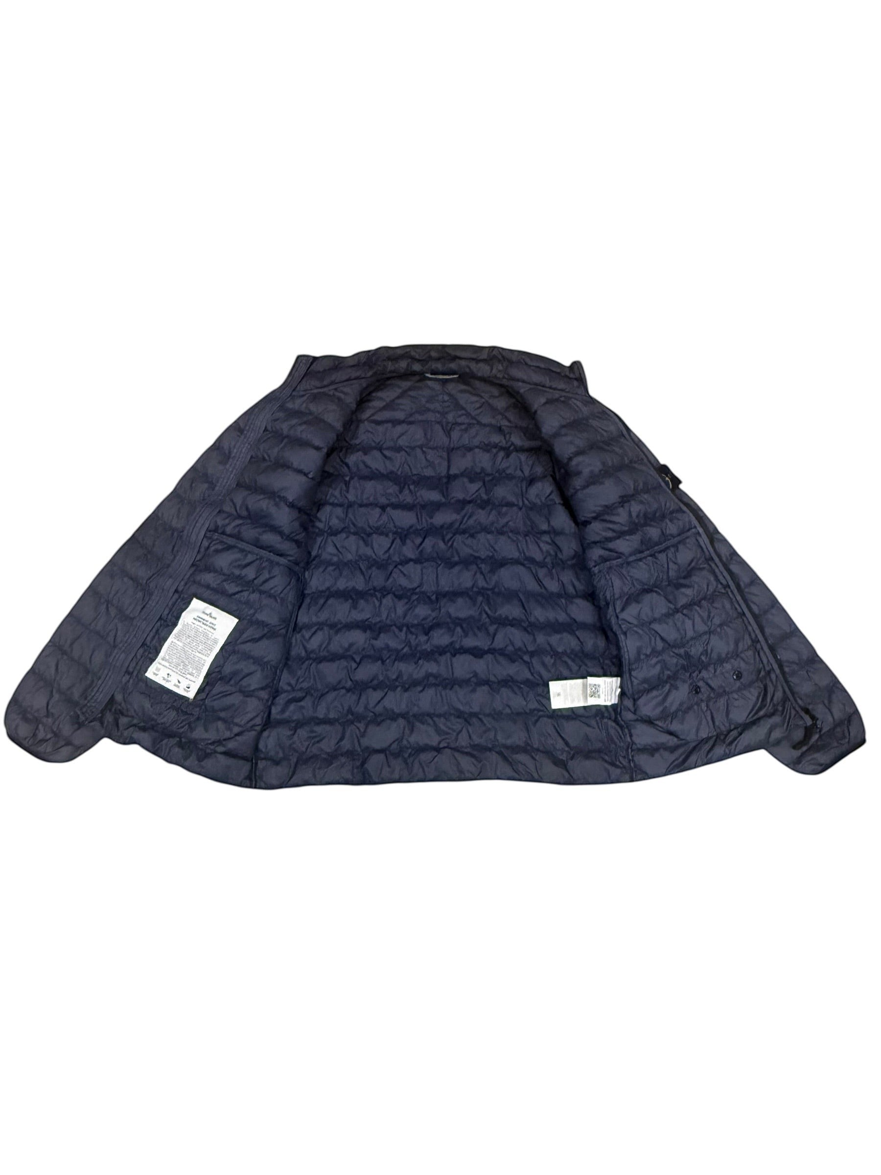 Archive No. 9 navy blue down-filled puffer jacket, size XL, wind and water-resistant with a small repair on the arm.