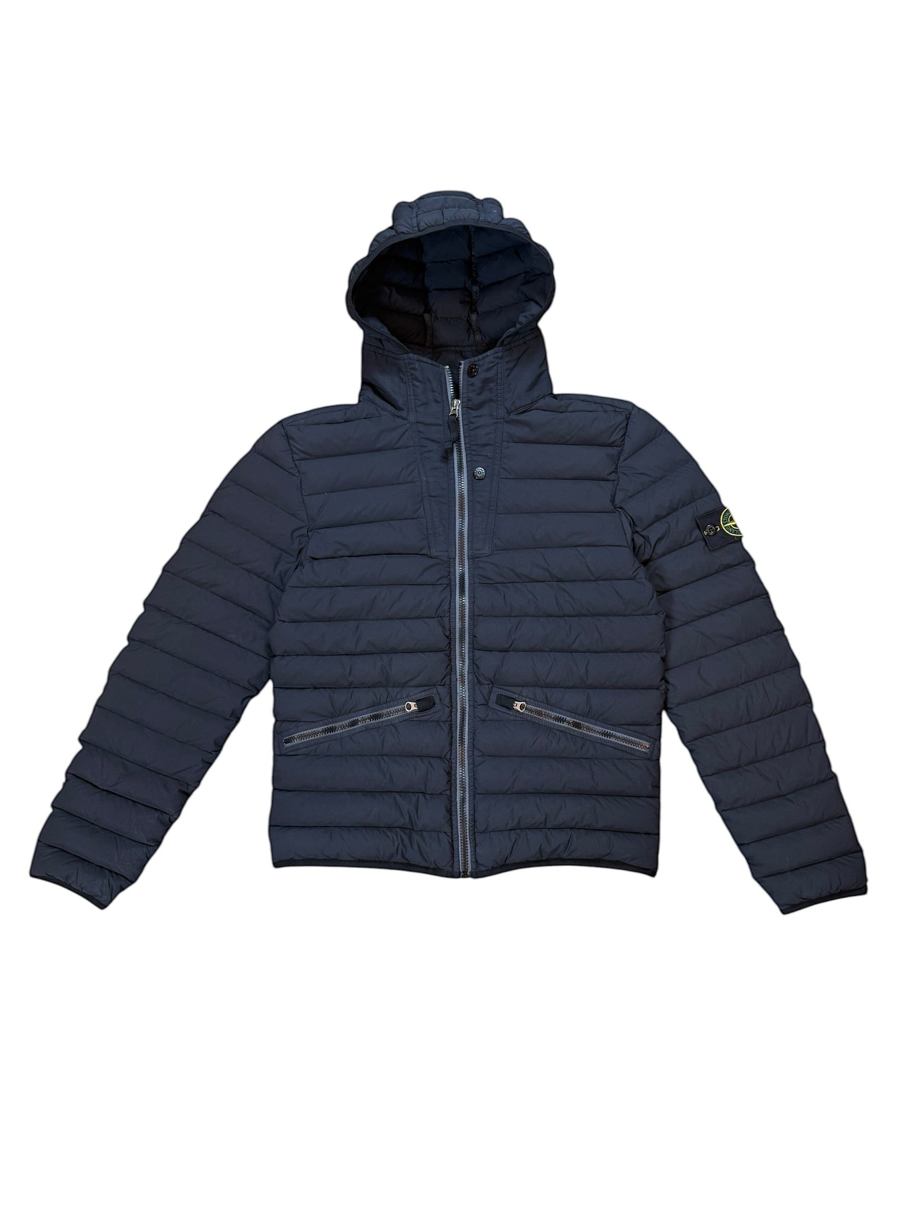 Archive No.9 navy blue down-filled puffer jacket with zip pockets and hood, size S.