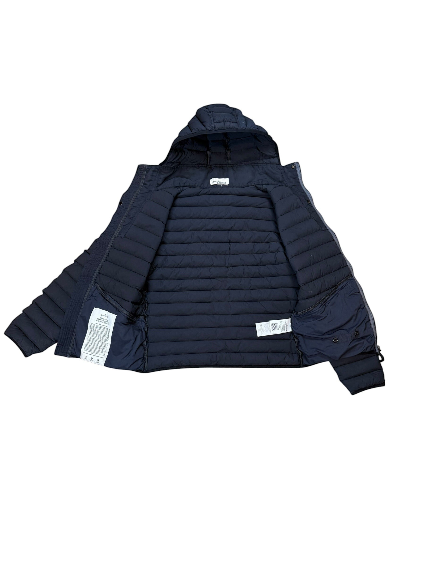 Archive No.9 navy down-filled puffer jacket with hood, size S. Lightweight and insulated for warmth.
