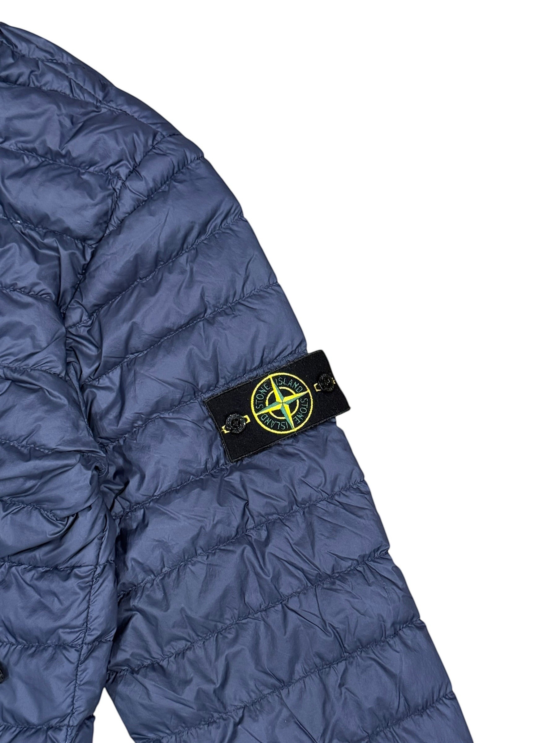 Archive No. 9 navy blue Stone Island puffer jacket, XL. Down filled, wind and water-resistant with signature badge.