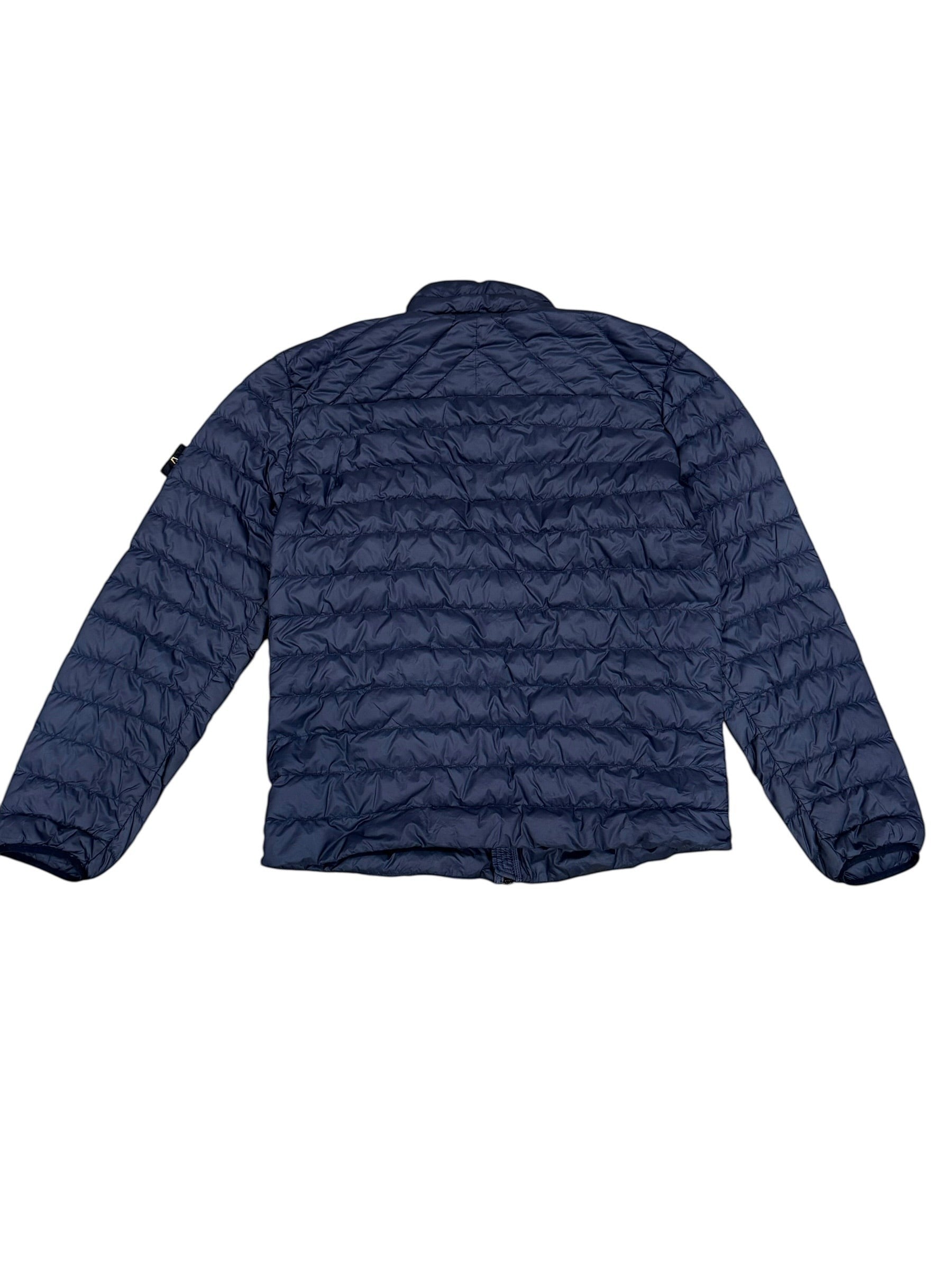 Archive No. 9 navy blue Stone Island puffer jacket, size XL, down-filled and water-resistant with a small repair on the arm.