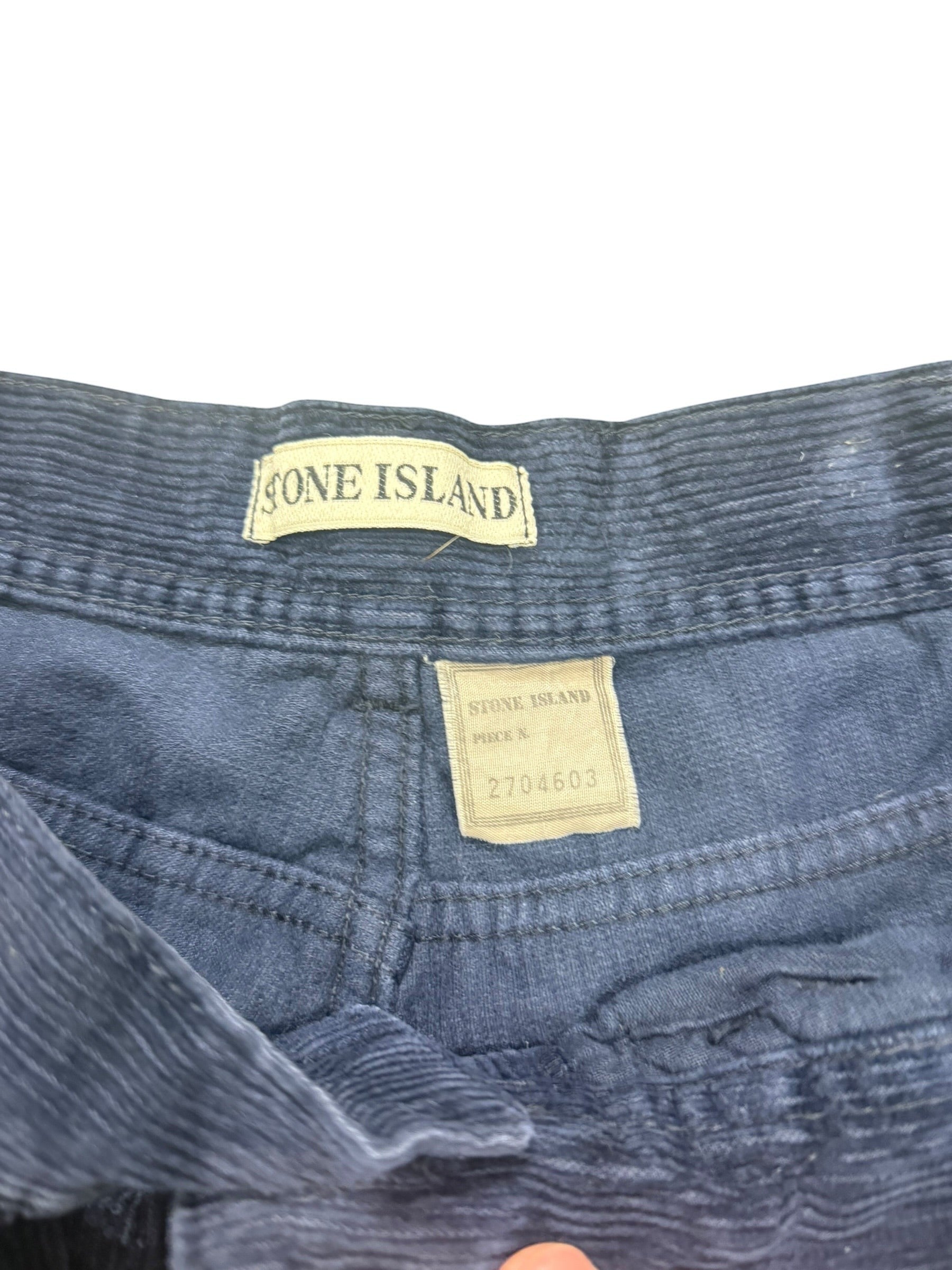 Archive No. 9 navy velvet Stone Island Marina trousers, size 30 waist, rare vintage piece.