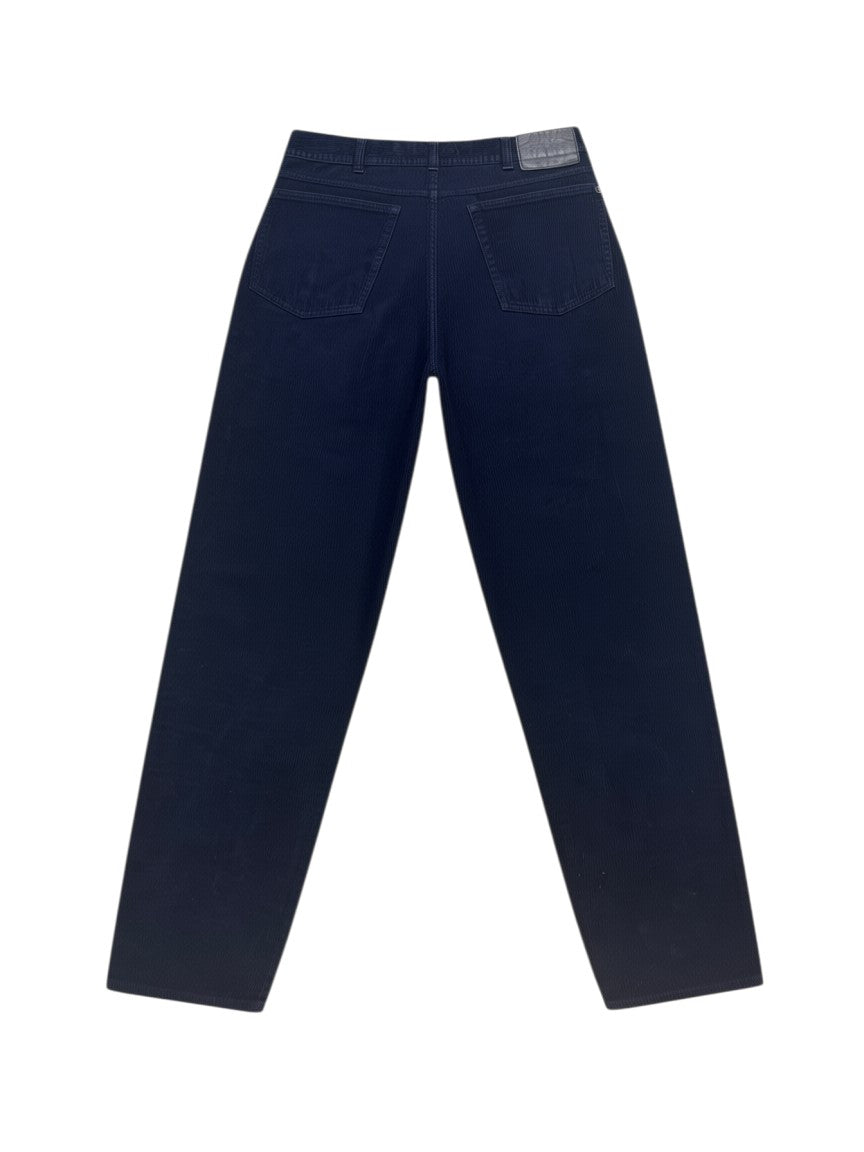 Archive No. 9 navy velvet trousers with a 30-inch waist, featuring a classic five-pocket design and a vintage feel.