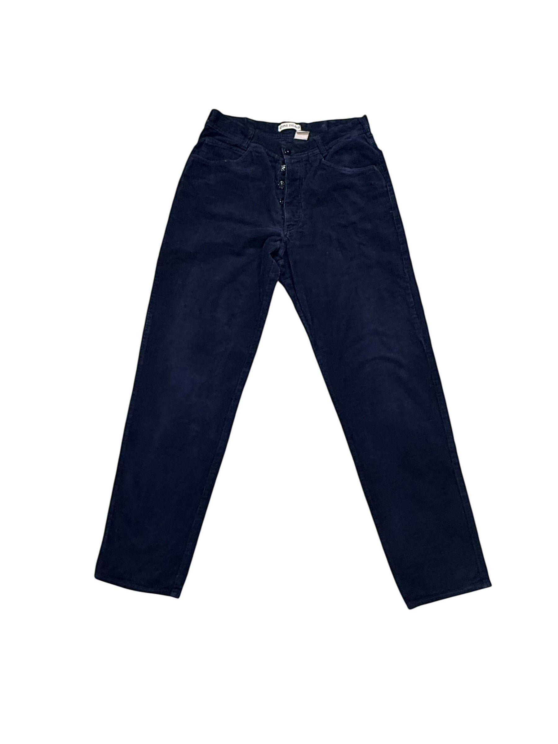 Archive No. 9 navy velvet trousers, vintage Stone Island Marina 1997, 30-inch waist, button fly.