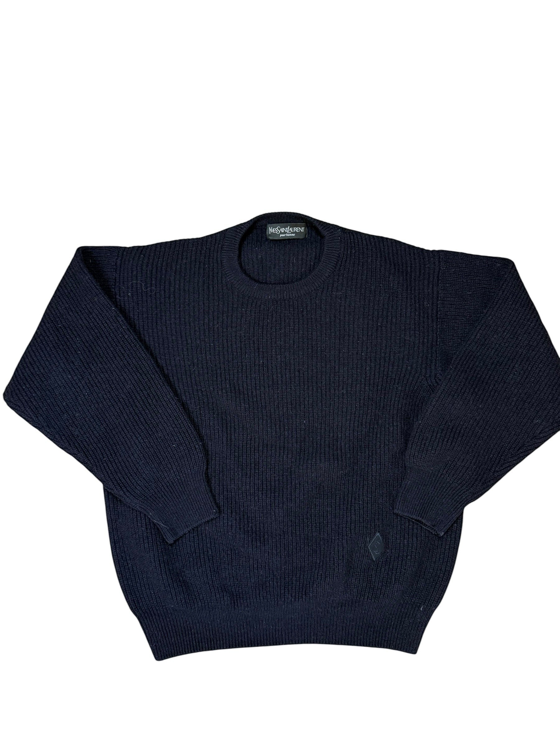 Archive No.9 navy ribbed knit jumper with iconic Yves Saint Laurent badge near the waistline. Size M.