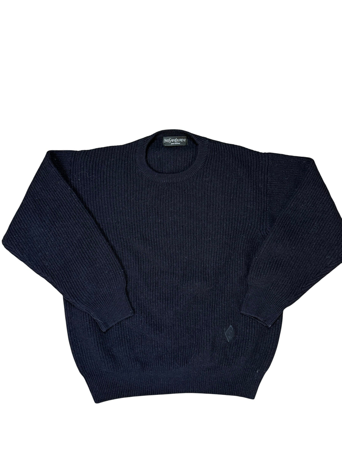 Archive No.9 navy ribbed knit jumper with iconic Yves Saint Laurent badge near the waistline. Size M.