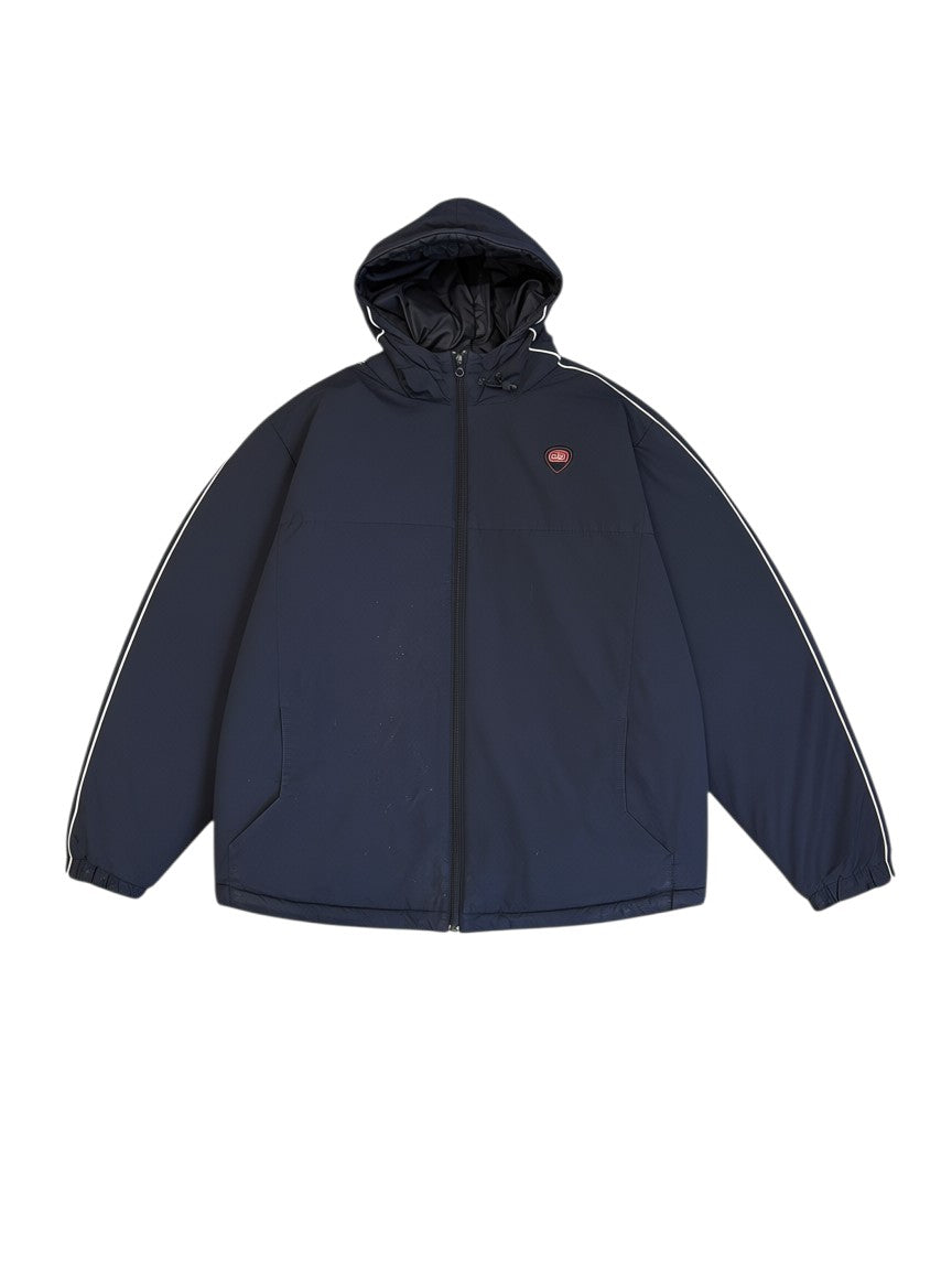 Archive No. 9 Nike black down puffer jacket with white piping on sleeves and hood, size Large.