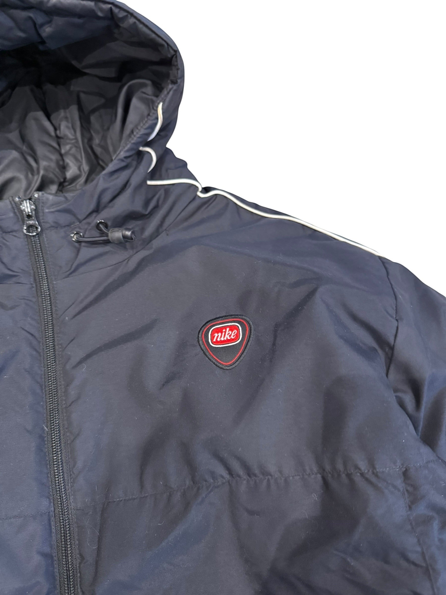 Archive No. 9 Nike black down puffer jacket with white piping on hood and chest logo. Size Large.