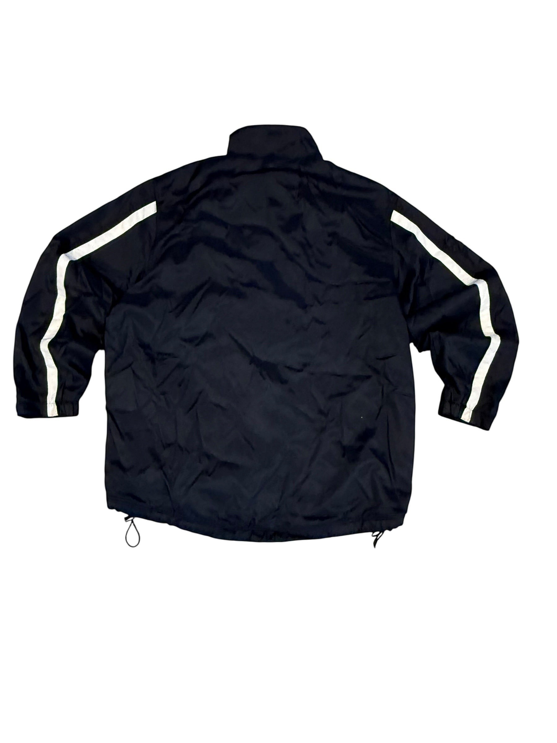 Archive No. 9 vintage black Nike training jacket with white stripe detail on sleeves, size L, water and wind resistant.