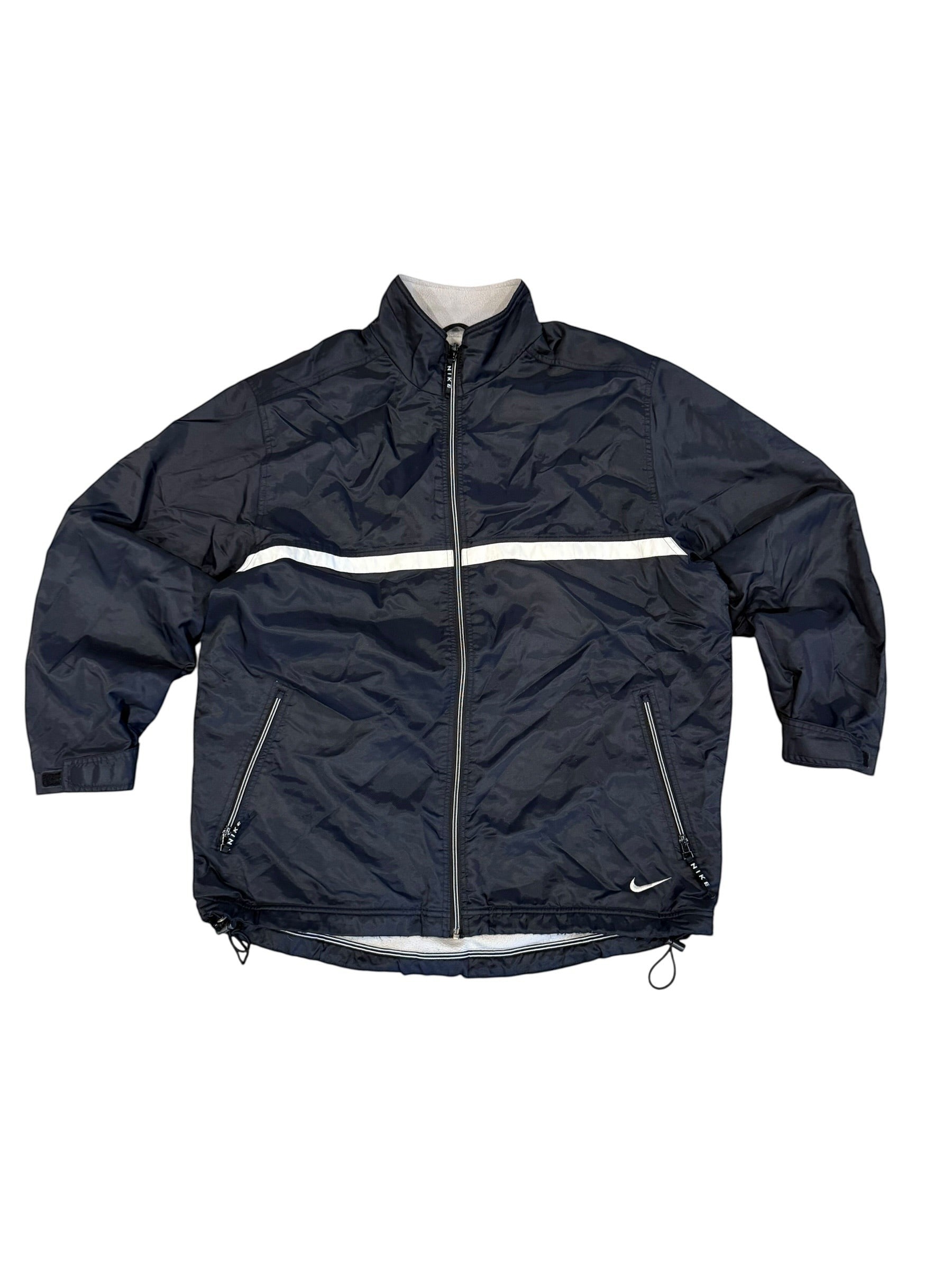 Archive No. 9 vintage black Nike training jacket with white stripe detail, water and wind resistant, size L.