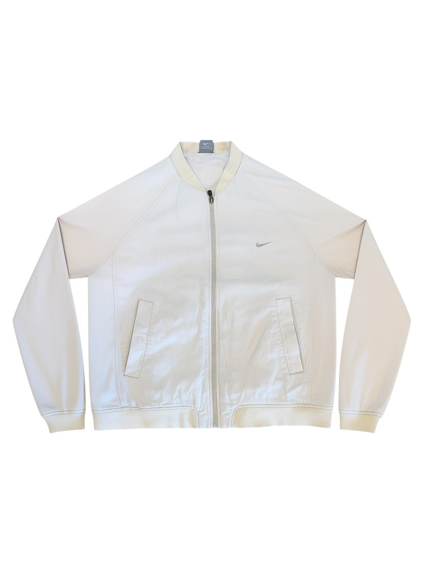 Archive No. 9 Nike cream bomber jacket, size Large. Features a zip-up front and casual style.