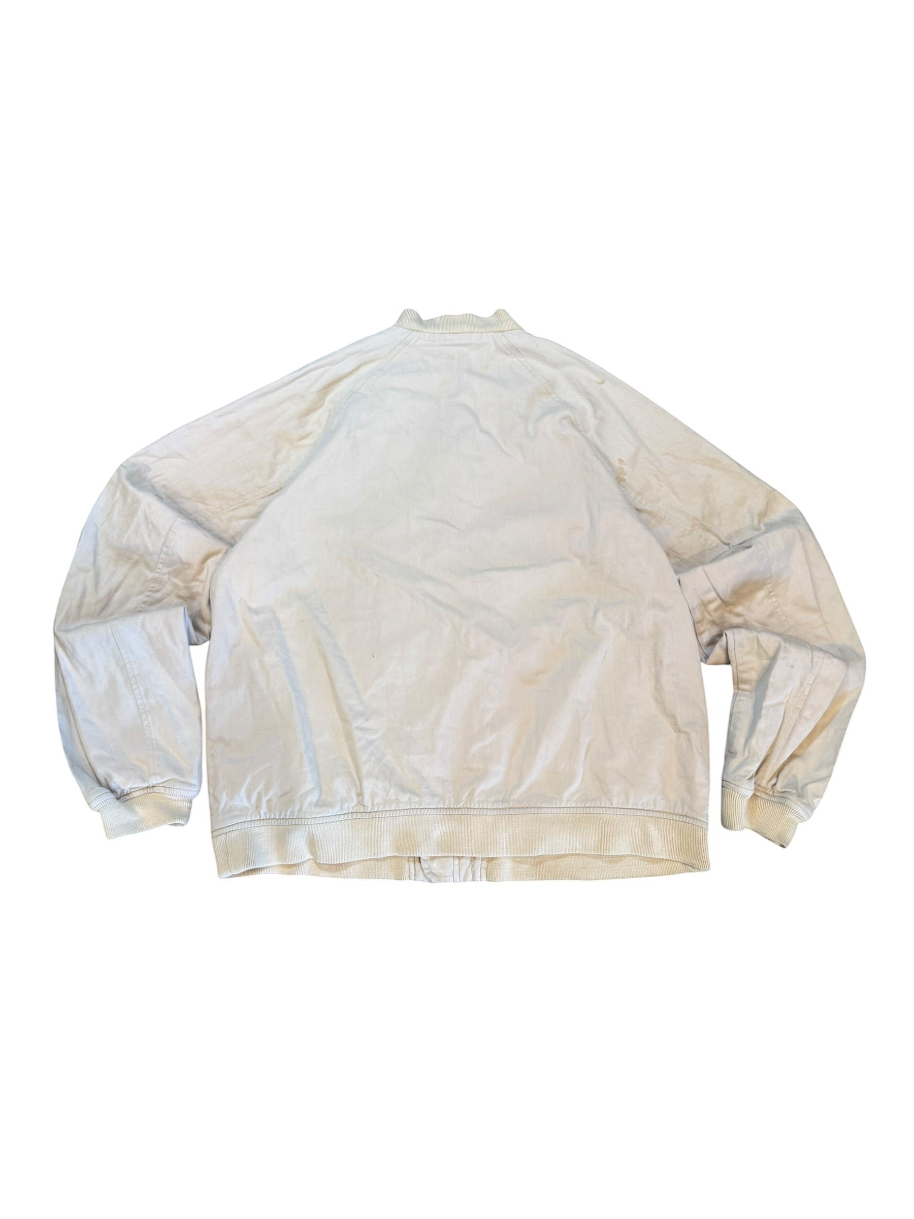Archive No. 9 cream Nike bomber jacket, size Large, with ribbed collar and cuffs. Features a relaxed fit and casual style.
