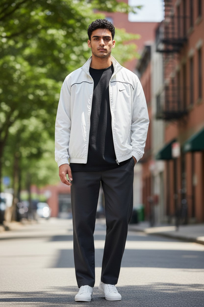 Archive No. 9 Nike grey and white vintage windbreaker jacket, size Medium. Lightweight and wind-resistant.