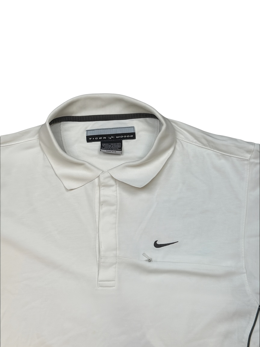 Archive No.9 vintage white Nike Tiger Woods Dri-FIT polo shirt with a small black swoosh logo on the chest