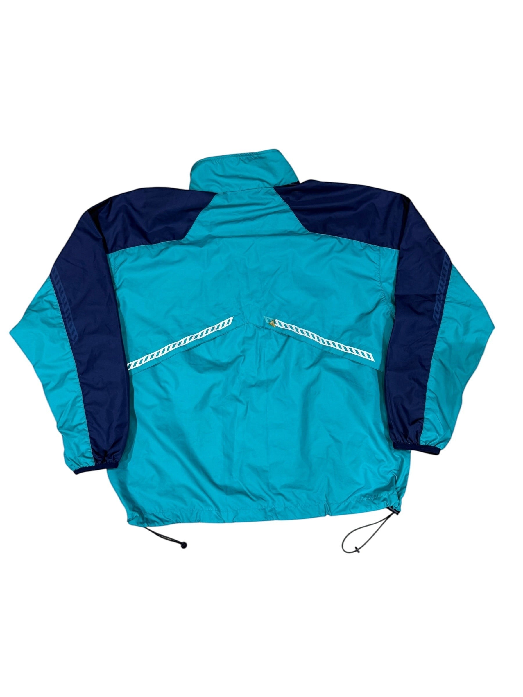Archive No. 9 Nike windbreaker in turquoise and navy blue, size Large. Lightweight, wind-resistant, and waterproof.