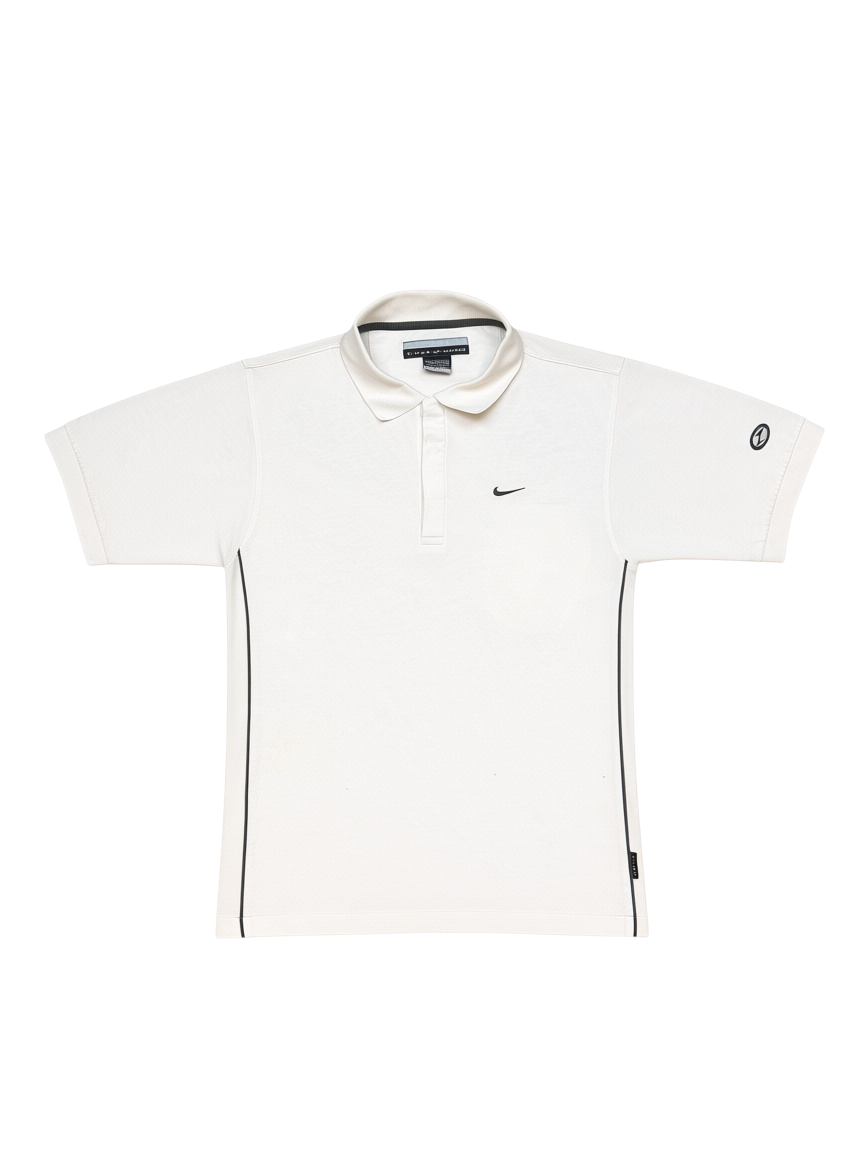 Archive No.9 vintage Nike Tiger Woods white polo shirt with Dri-FIT technology and black side piping details.