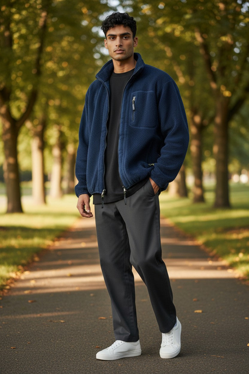 Archive No. 9 navy blue Patagonia fleece jumper, size M, with zip pockets and mesh lining.
