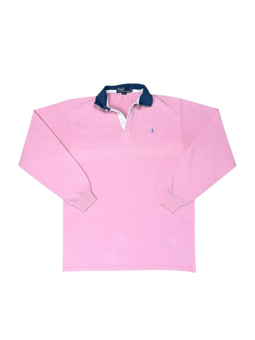 Archive No. 9 vintage pink 100% cotton Ralph Lauren rugby shirt with navy collar and white placket, size M.