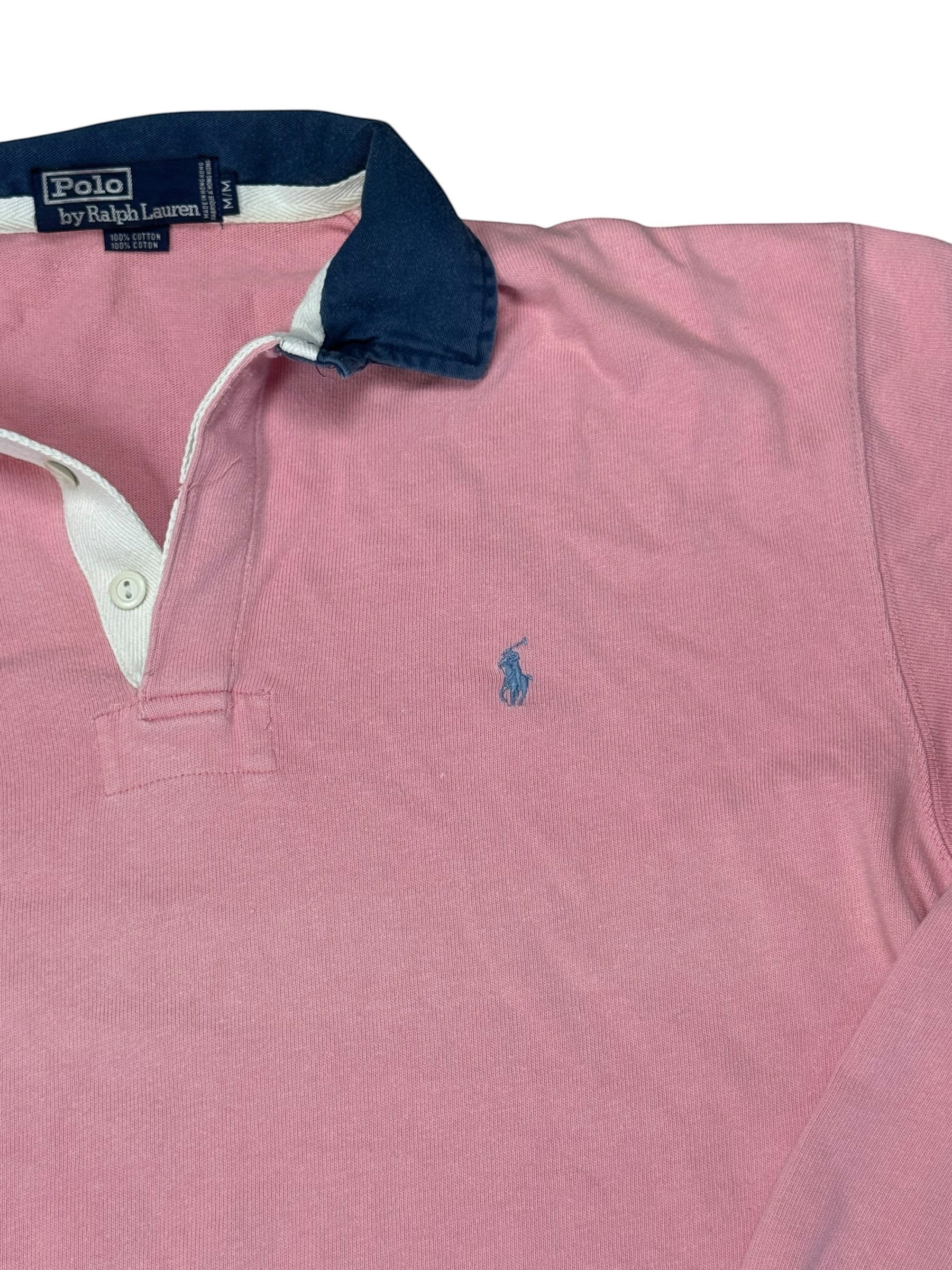 Archive No. 9 vintage pink 100% cotton Ralph Lauren rugby shirt with navy collar and embroidered logo, size M.