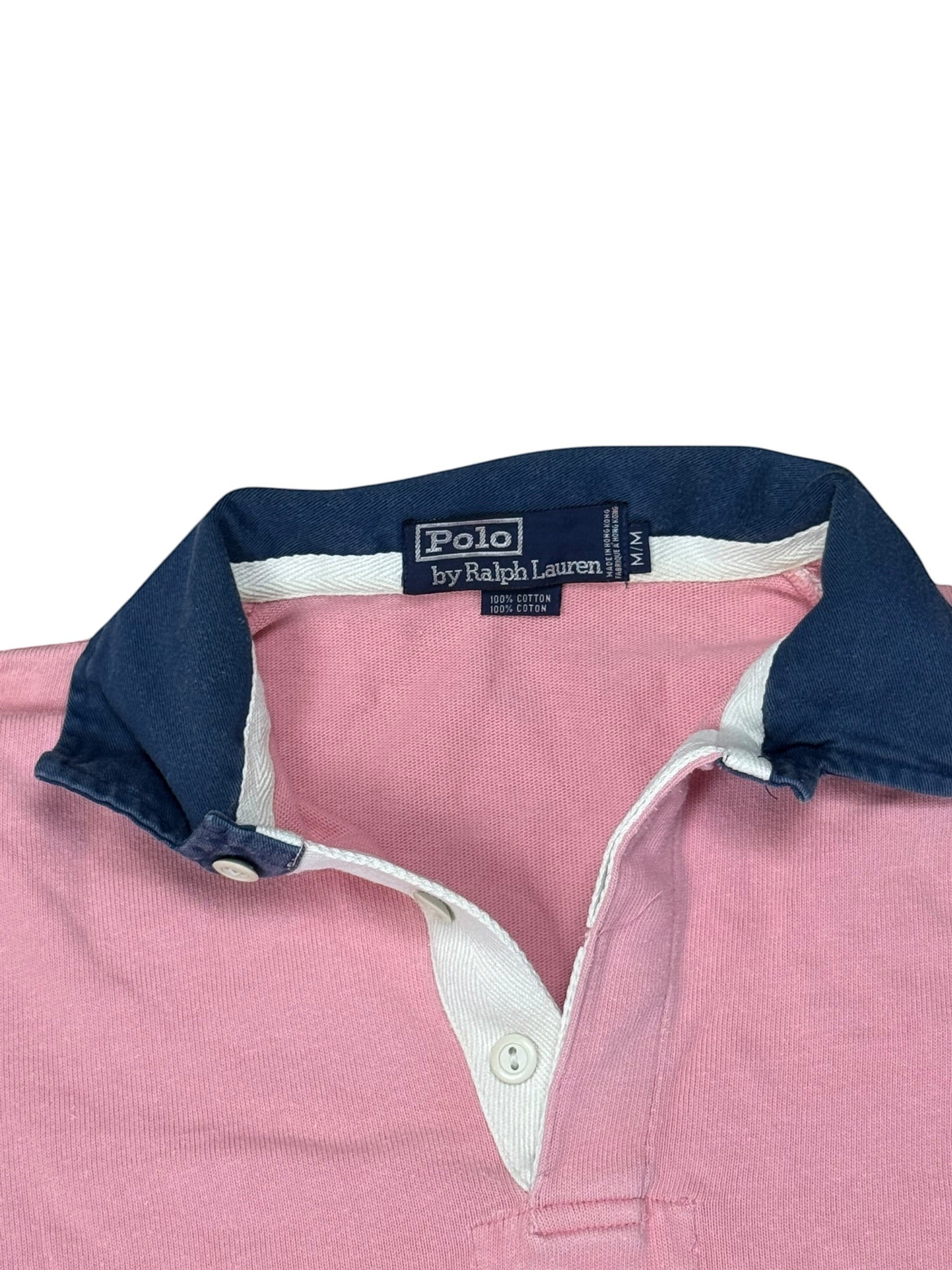 Archive No. 9 vintage pink 100% cotton Ralph Lauren rugby shirt with navy collar and white placket, size M.